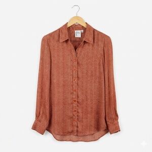 Finley "Mini Monica" Rust Herringbone Button Down Blouse Shirt Made in USA M